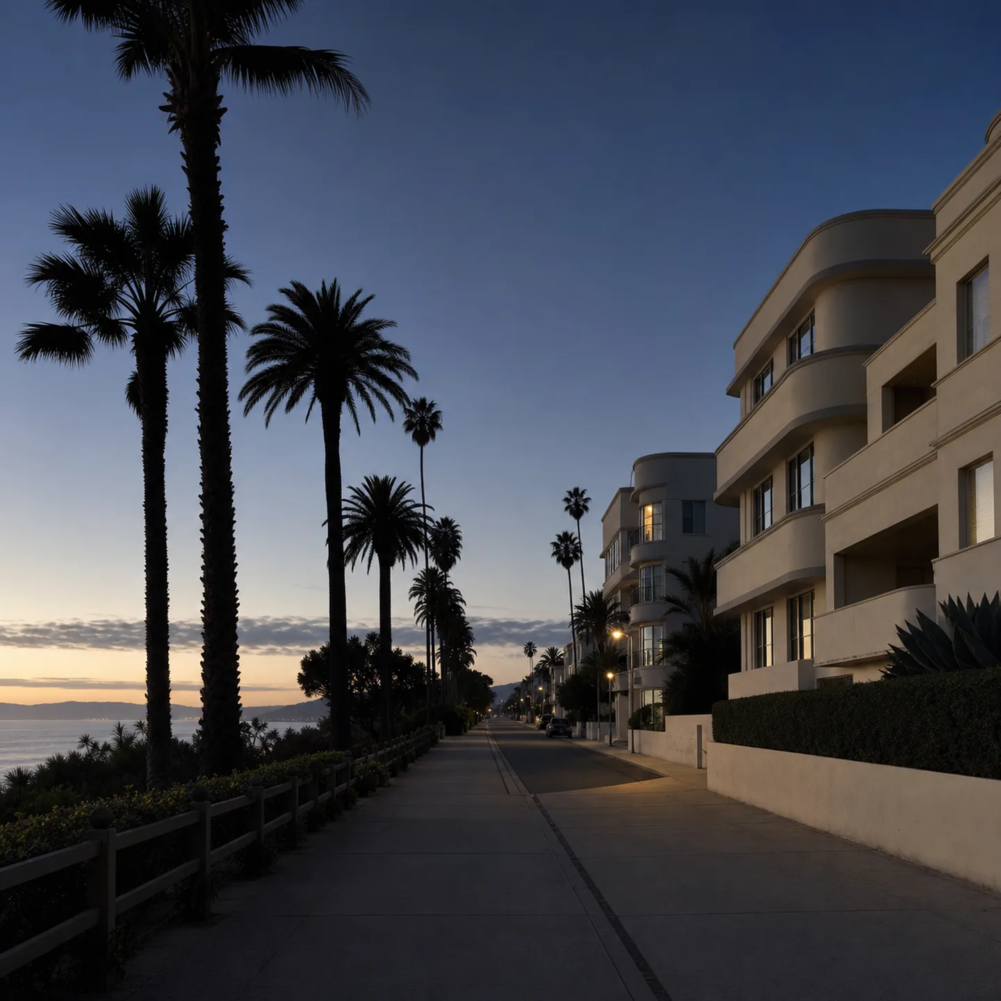 Ocean Avenue runs beside the palms and bluff-top paths of Palisades Park at blue hour.