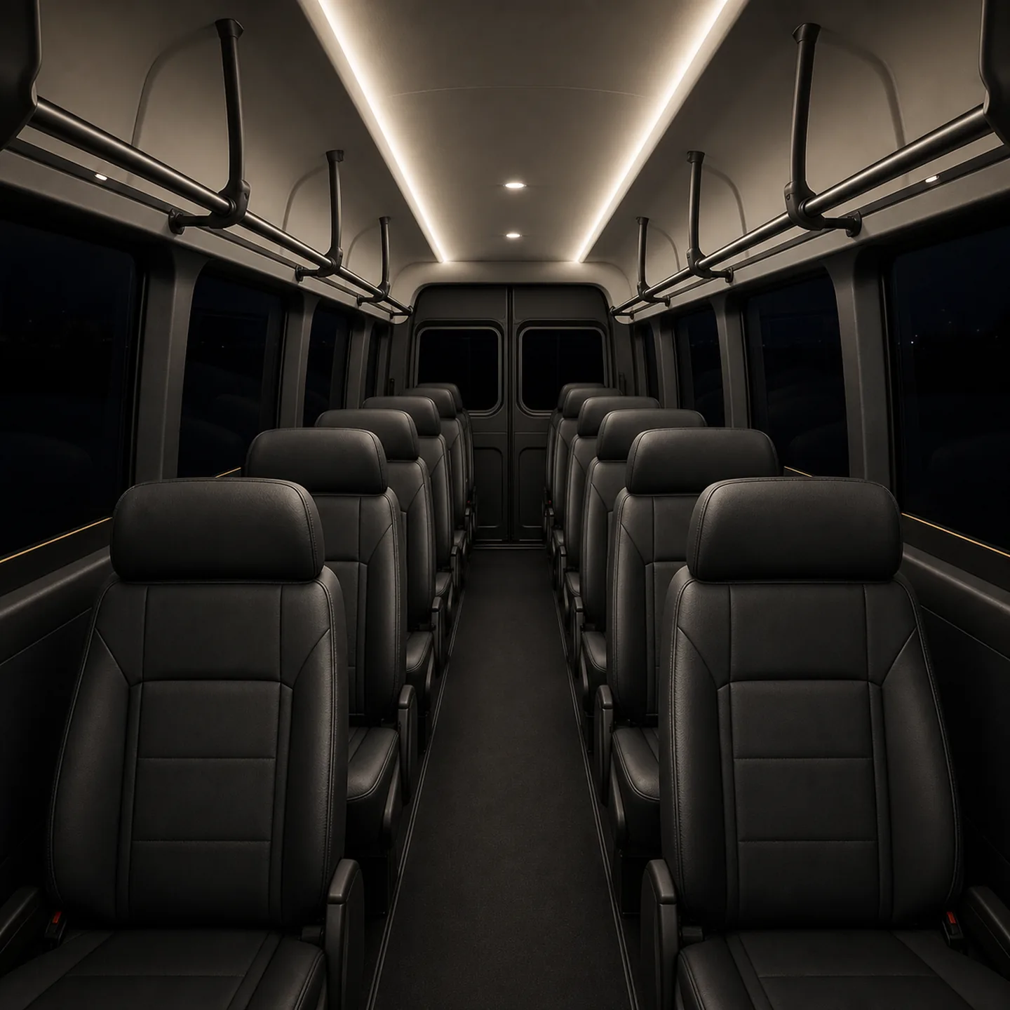 Looking toward the rear doors of a high-roof passenger van, rows of black leather seats and overhead grab handles on either side of the aisle.