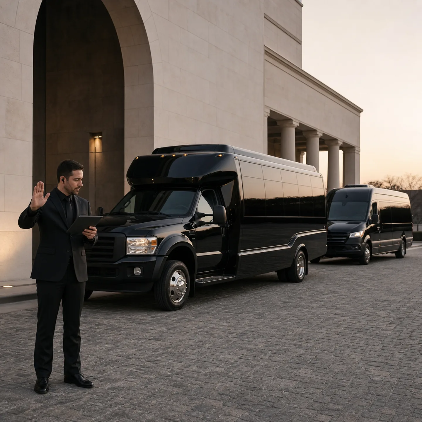A coordinator in a dark suit holds a tablet and raises a hand beside a black Ford F-550 mini-coach and a Mercedes-Benz Sprinter van.