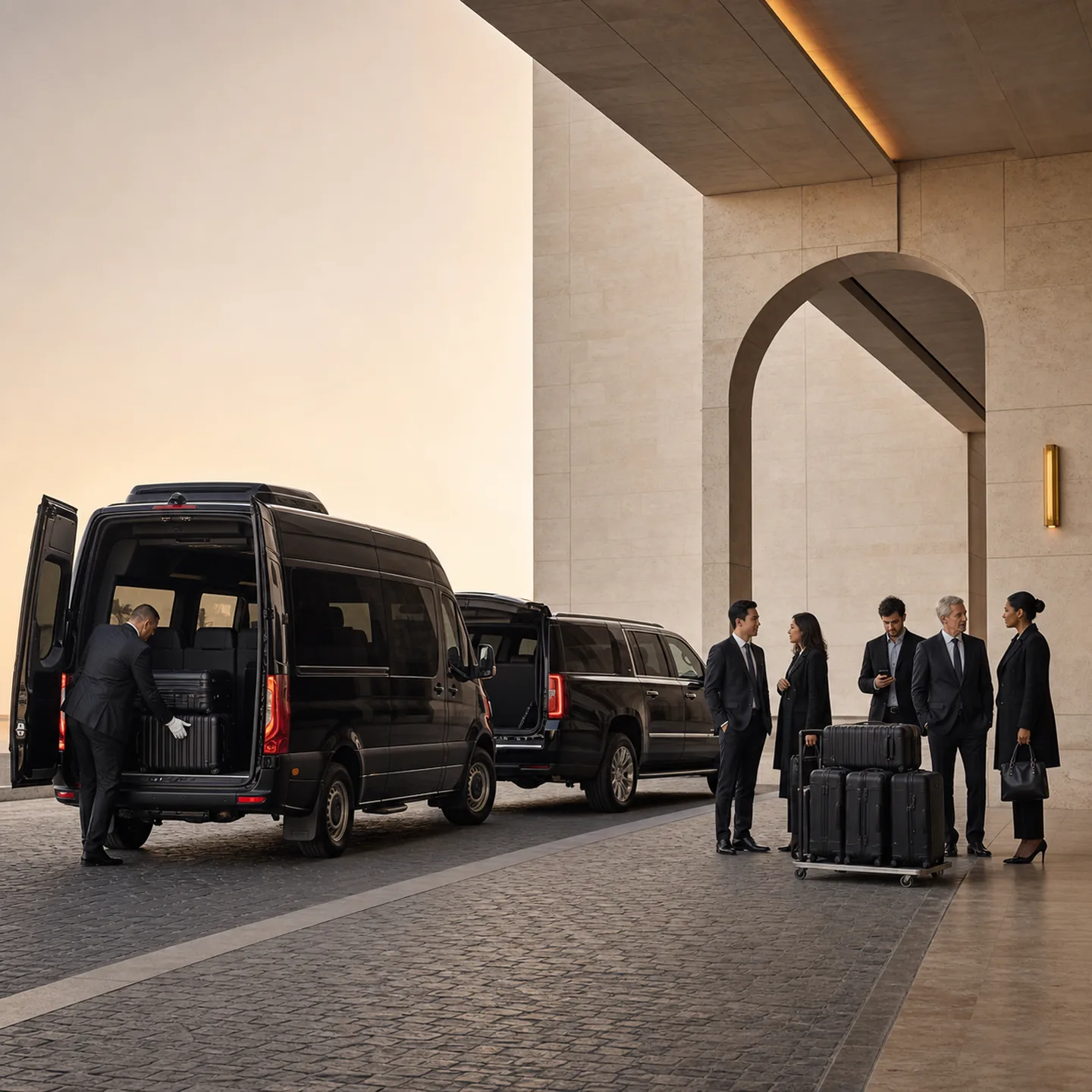 A chauffeur loads luggage into a black Mercedes-Benz Sprinter van as five travelers and a black SUV wait under a stone archway at dusk.