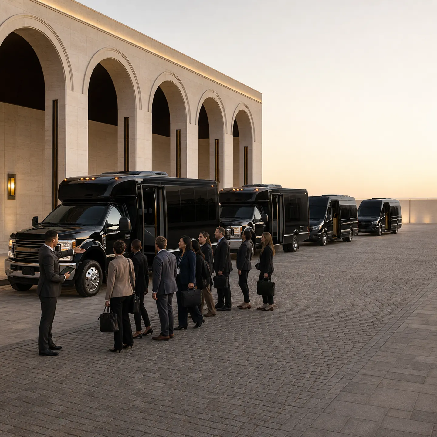 A line of business attendees with briefcases boards black Ford mini-coaches and Mercedes-Benz Sprinter vans outside an arched stone building at dusk.