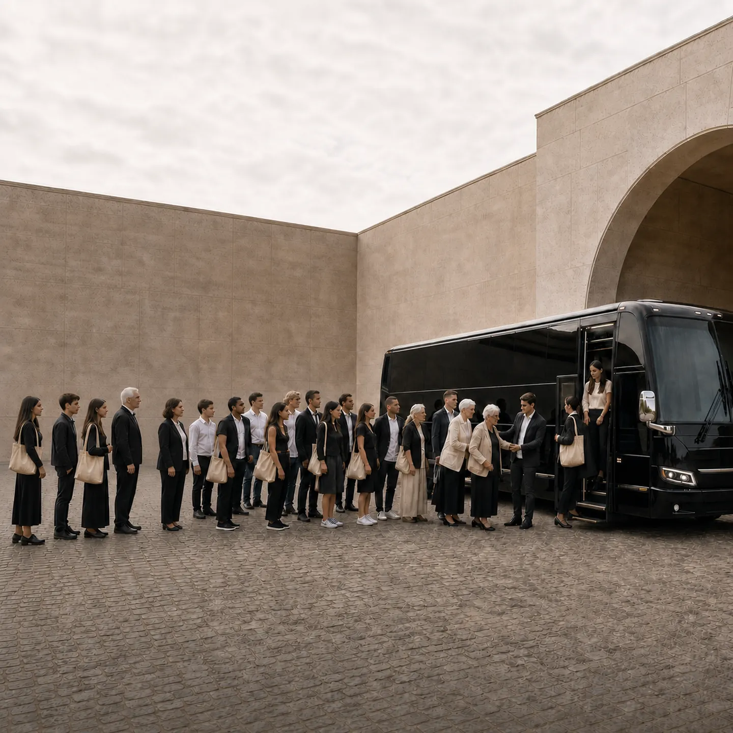 A multigenerational congregation lines up to board a black motorcoach through a large stone archway during the day.