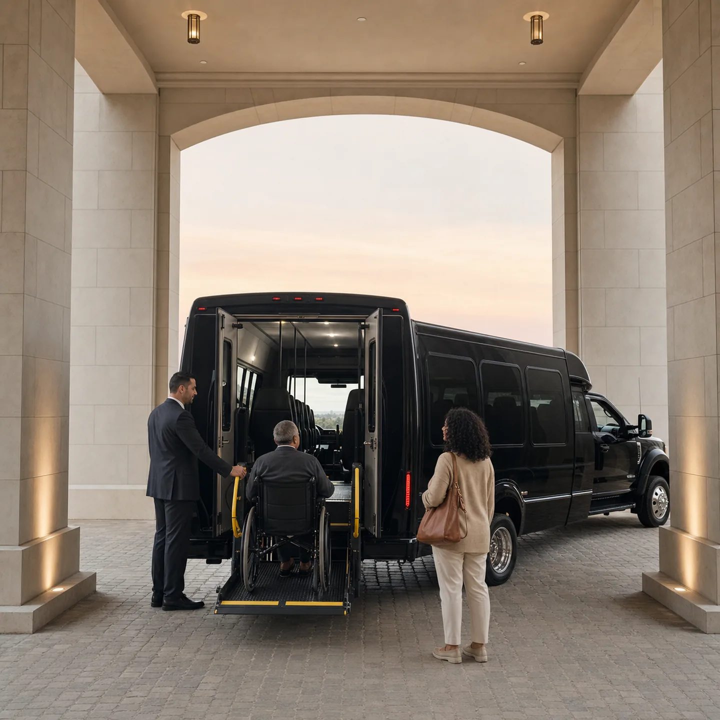 A driver helps a man in a wheelchair onto a shuttle bus's rear lift while a woman waits nearby, under a stone portico at dusk.