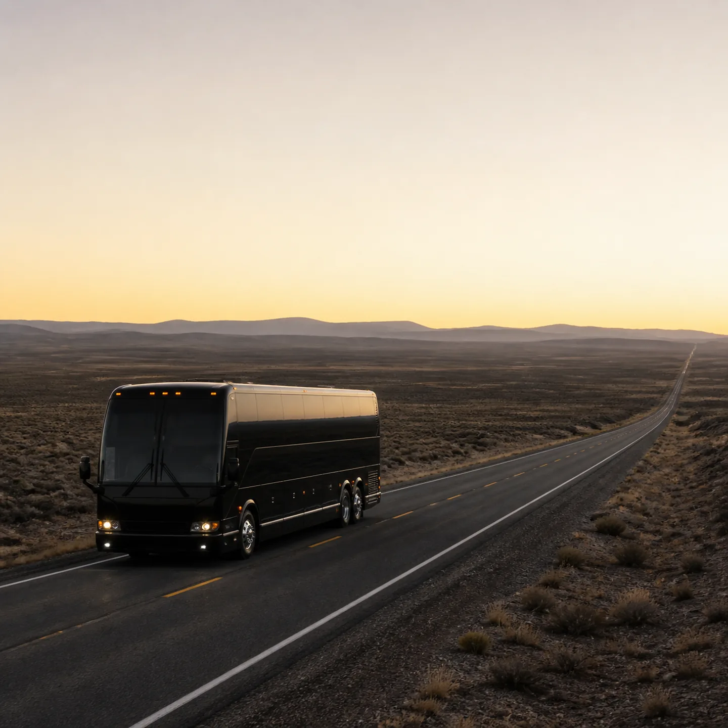 A black motorcoach with a tag axle travels a desert highway toward distant mountains at sunset, headlights on.